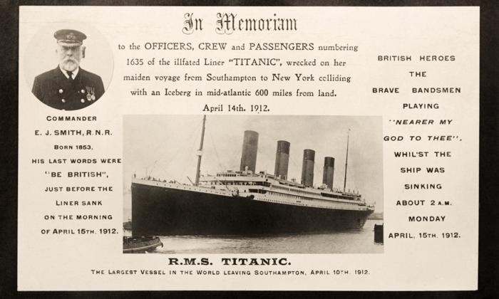 A vintage In Memoriam postcard showing the Titanic, which sank after hitting an iceberg on her maiden voyage from Southampton to New York on 14th April 1912, and commemorating her captain, Edward Smith, and her brave crew, published in Redruth, c. May 1912. Paul Popper/Popperfoto/Getty Images