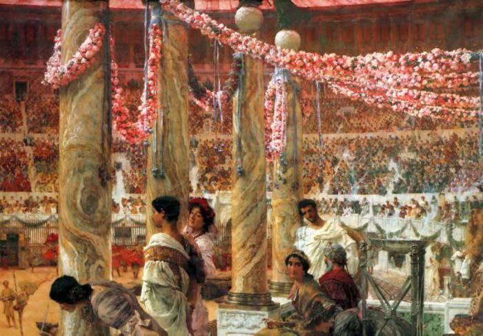 Caracalla and Geta, in the imperial lodge with their parents Septimius Severus and Julia Domna.  Oil painting by Alma-Tadema.  1907. Photo: Cordon Press
