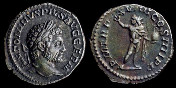 BAL Silver denarius with the effigy of Caracalla on the obverse and the god Helios triumphant on the reverse.  Bridgeman